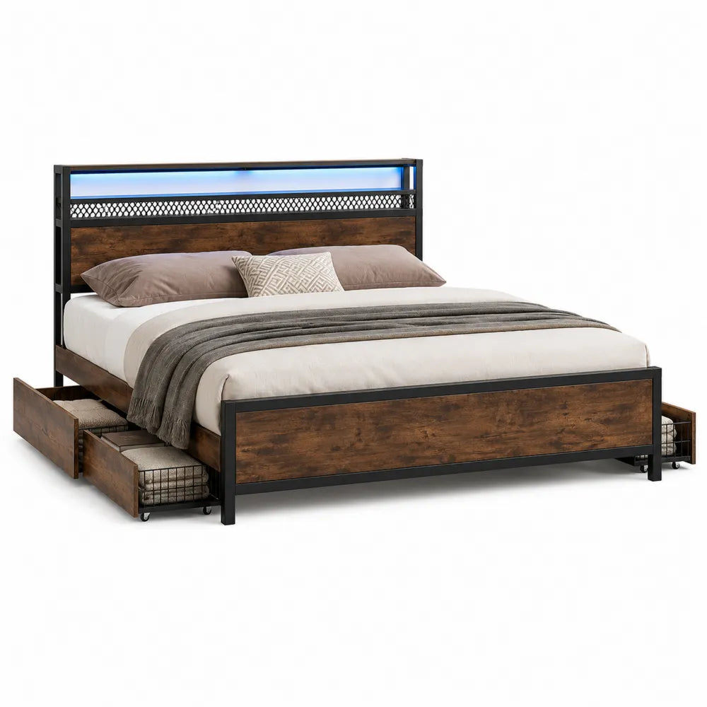 Letto matrimoniale in legno e metallo con cassetti e LED