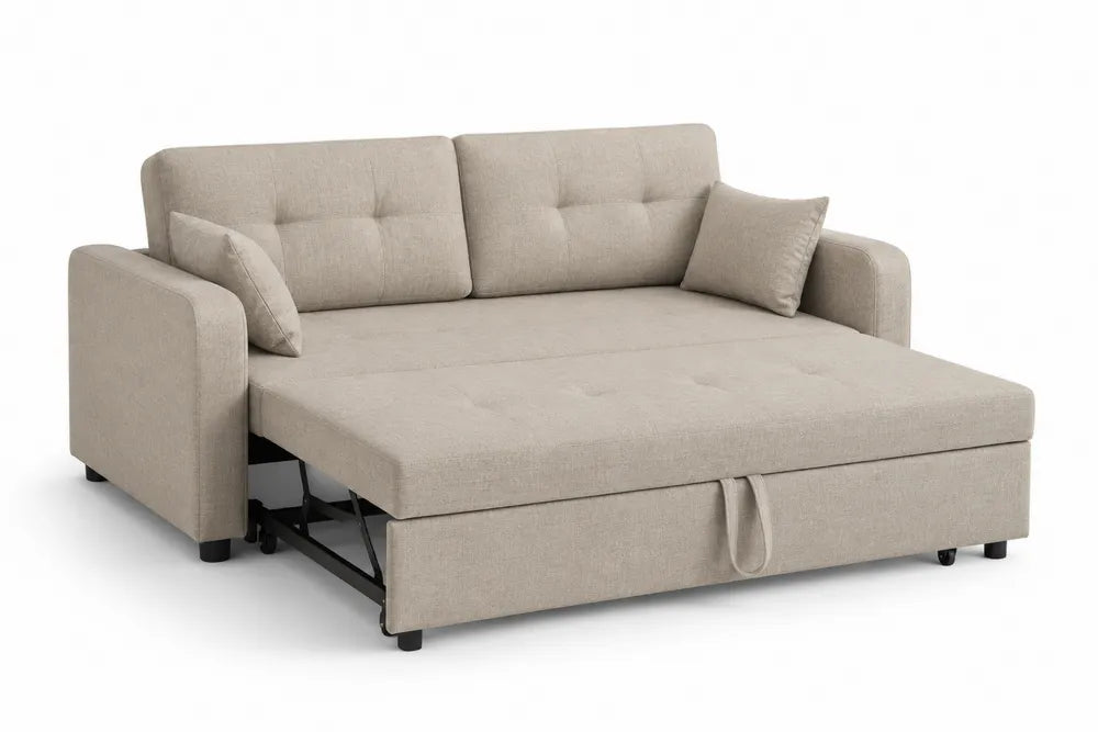 Divano Letto in Tessuto e Metallo Beige con Cuscini 190x150x90 cm
