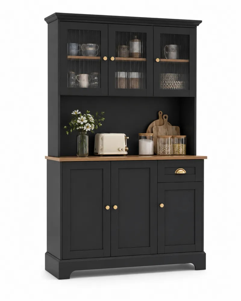 Credenza in Legno e Vetro nera con Ante e Ripiani