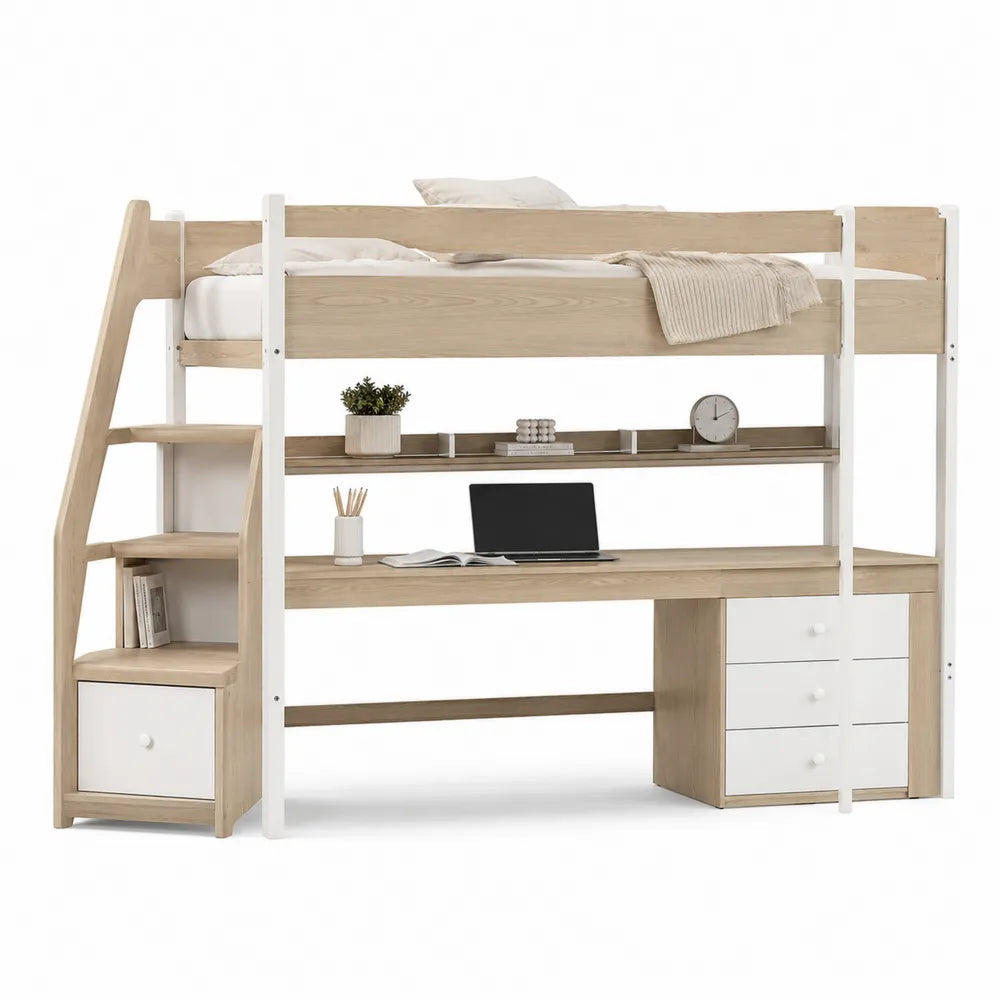 Letto a soppalco con scrivania in legno e metallo, scala laterale, 200x90x180 cm