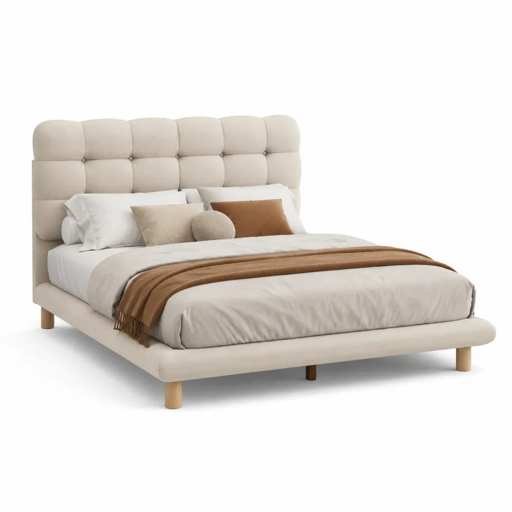 Letto matrimoniale in tessuto beige e legno massello