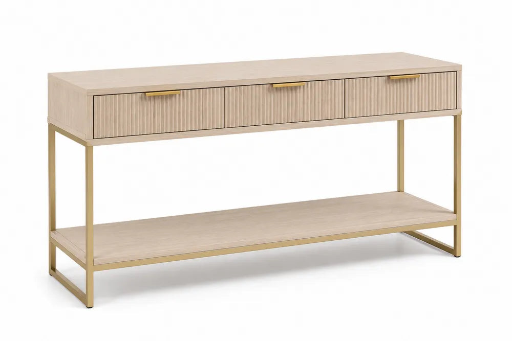 Consolle in Legno Massello e Metallo con Cassetti Beige Dorato