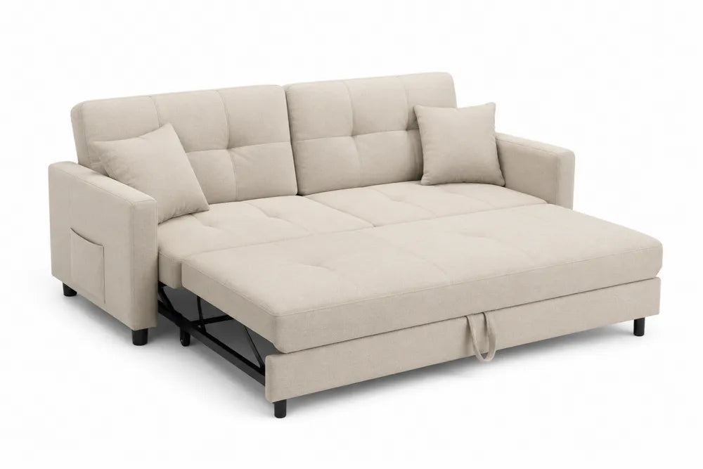 Divano Letto in Tessuto Beige con Cuscini