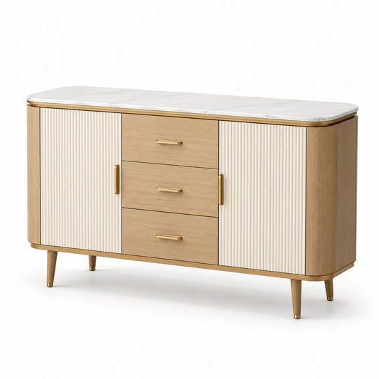 Credenza rettangolare in legno e marmo con 3 cassetti e 2 ante