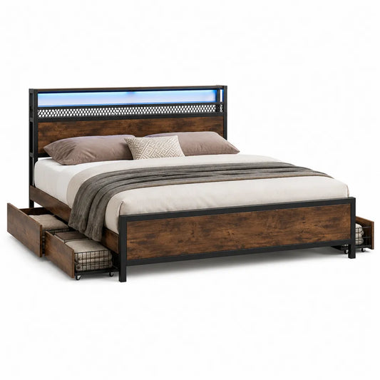 Letto matrimoniale in legno e metallo con cassetti e LED