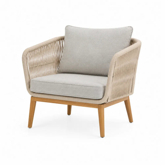 Poltrona in Legno e Corda con Cuscini in Tessuto Poliestere Beige e Grigi