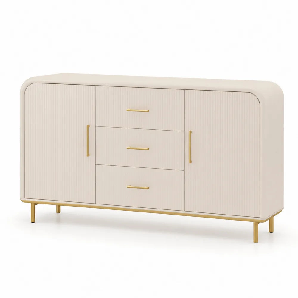 Credenza in MDF laccato con ante e cassetti, maniglie dorate