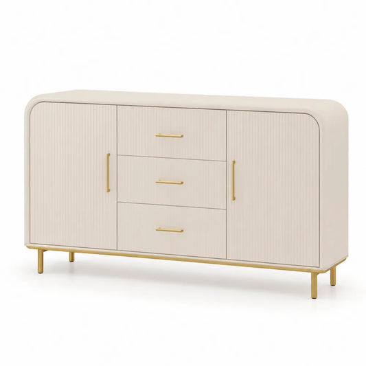 Credenza in MDF laccato con ante e cassetti, maniglie dorate