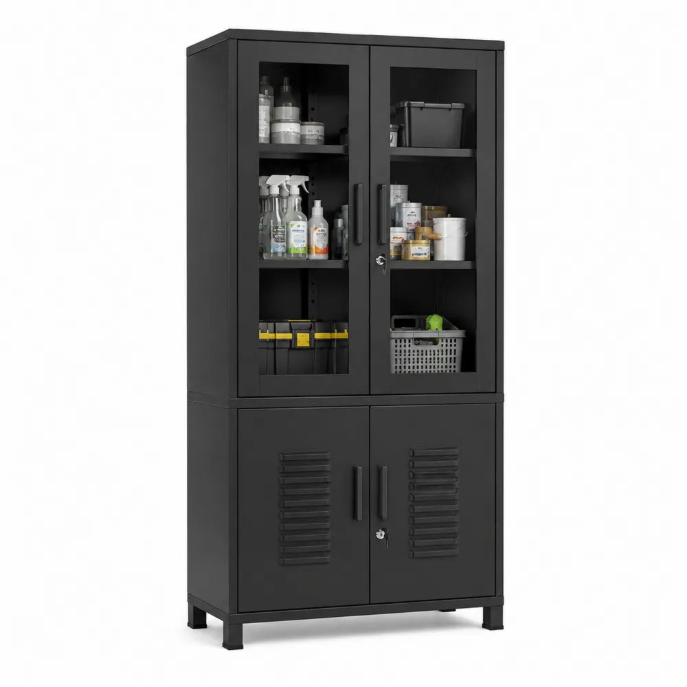 Armadio in metallo nero con ante in vetro temperato 180x90x40 cm