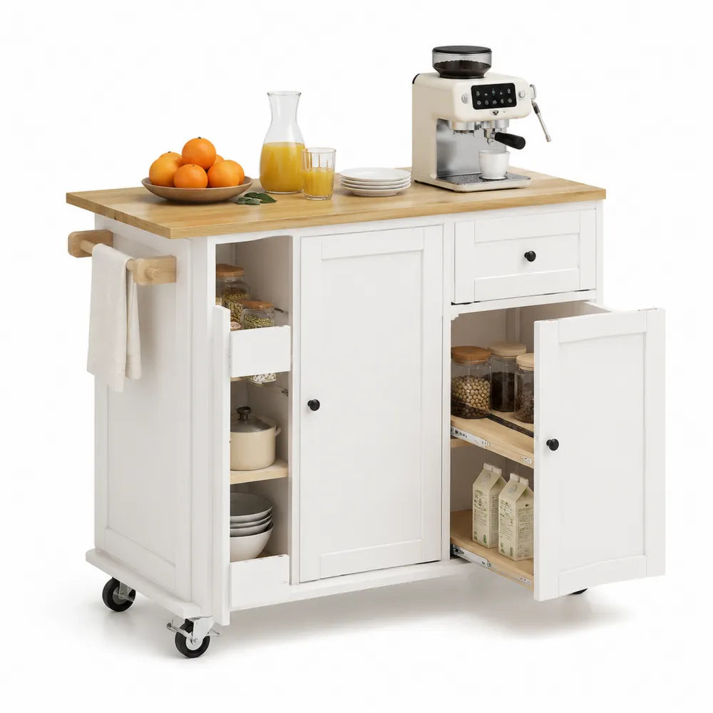Carrello da Cucina in MDF Bianco con Piano in Quercia