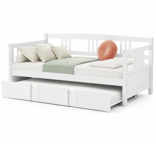 Letto singolo in legno con cassetti e materasso