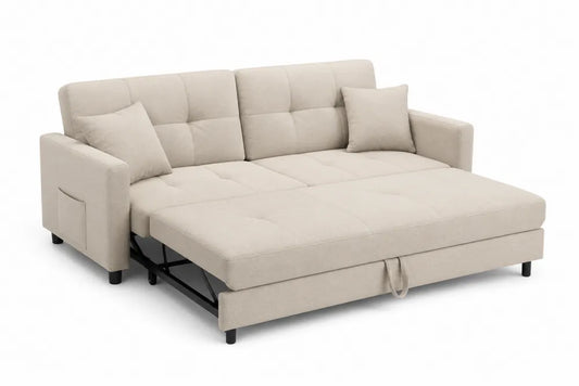 Divano Letto in Tessuto Beige con Cuscini
